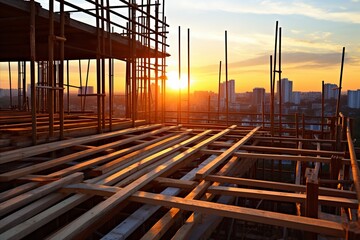 A large construction site on sunset, a construction site on sunset in close-up against the background of the setting sun - Powered by Adobe