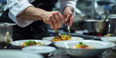 Obraz na płótnie Canvas A close-up of a chef preparing gourmet dishes in a restaurant kitchen