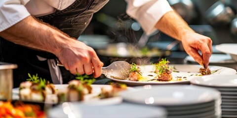 A close-up of a chef preparing gourmet dishes in a restaurant kitchen