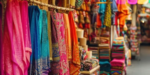 Poster A vibrant Indian marketplace with colorful fabrics and spices on display © DailyStock