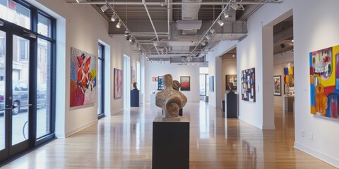 A modern art gallery with abstract paintings and sculptures