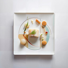 Realistic illustration of haute cuisine made from elaborate non-food items. halibut white fish. Generative AI.