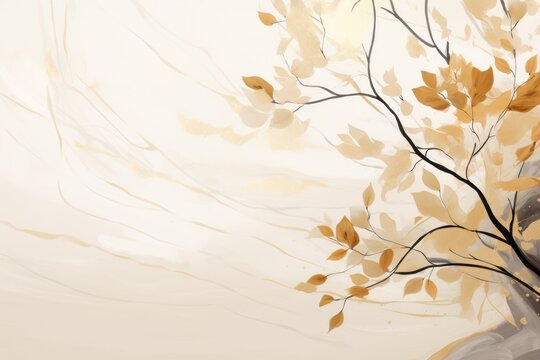 Abstract botanical background with tree branches and leaves in line art. Ivory and golden leaf, brush, line, splash of paint
