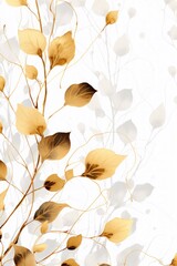 Fototapeta na wymiar Abstract botanical background with tree branches and leaves in line art. Peach and golden leaf, brush, line, splash of paint 