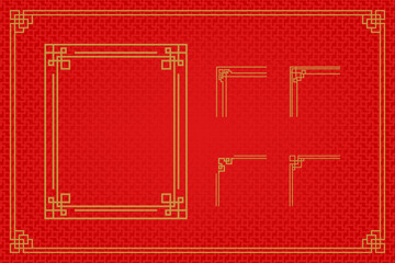 Chinese frame or border set on red background. traditional asian ornaments, golden oriental