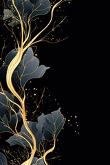 Abstract botanical background with tree branches and leaves in line art. Peach and golden leaf, brush, line, splash of paint 