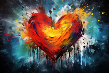 Colorful Heart, painted in oil paint on textured black canvas. Valentine day card design