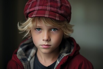 Portrait of a boy with blond hair wearing a red cap.