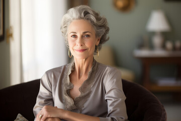 Elegant older woman with hazel eyes and beautiful gray hair sitting peacefully in her vintage-styled living room, bathed in the warm evening sunlight