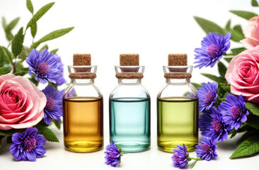 spring concept of natural organic cosmetics. essence oil bottles with flowers.