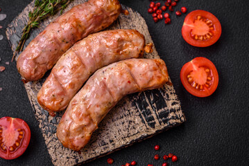 Delicious juicy grilled chicken or pork sausages with salt, spices and herbs