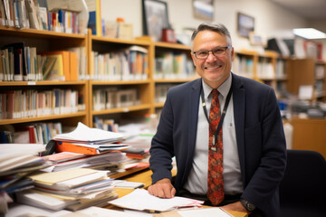 A seasoned school administrator, with a warm smile and wise eyes, sitting in his office filled with books, awards, and mementos from years of dedicated service to education - obrazy, fototapety, plakaty