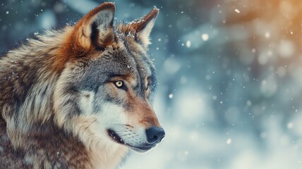 Obraz premium Wolf in profile with snowfall, displaying its winter coat