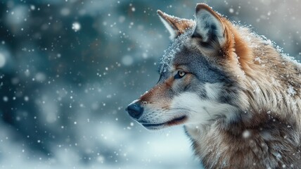 Fototapeta premium Wolf with a contemplative expression amid falling snow
