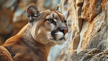 Mountain lion with a focused gaze on a rocky cliff