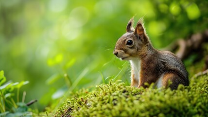Naklejka premium Squirrel sitting in lush greenery background