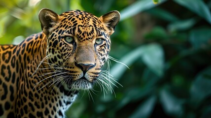 Obraz premium Leopard's intense stare amid jungle leaves