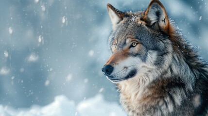 Naklejka na ściany i meble Wolf with piercing eyes in a snow-laden landscape