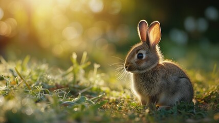Fototapeta premium Bunny in soft sunlight on a fresh green meadow
