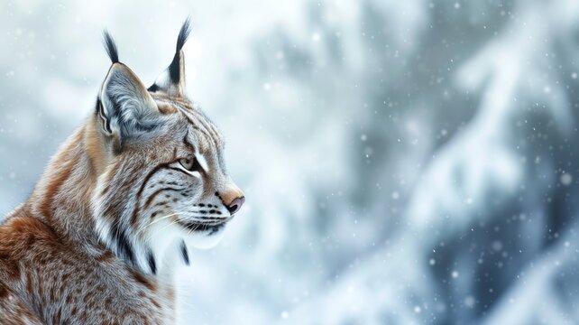Lynx in a tranquil snowfall, with a soft-focus snowy background