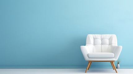 Modern white velour chair on wooden legs isolated on blue background copy space. AI generated image - obrazy, fototapety, plakaty