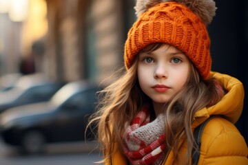 Outdoor portrait of cute little girl in warm hat and scarf.