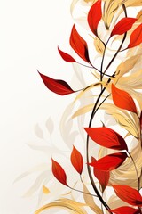 Abstract botanical background with tree branches and leaves in line art. Magenta and golden leaf, brush, line, splash of paint