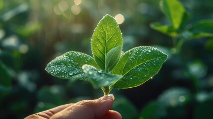 Nature's Gift, Hand Holding Fresh Ashwagandha Leaves with Dew Drops, Macro Shot, Morning Light in a Lush Garden, Green and Vibrant, Symbol of Natural Medicine.
