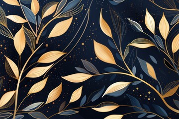 Abstract botanical background with tree branches and leaves in line art. Crimson and golden leaf, brush, line, splash of paint