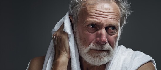 Active elderly man wiping sweat with towel. - obrazy, fototapety, plakaty