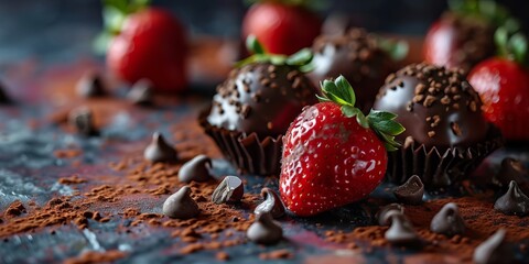 Lots of different chocolate covered strawberries. Concept: Romantic appetizer for a date. Fruits covered with cocoa and multi-colored glaze. banner with copy space on a beige background
 - obrazy, fototapety, plakaty