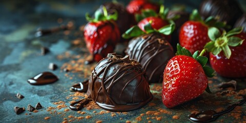 Lots of different chocolate covered strawberries. Concept: Romantic appetizer for a date. Fruits covered with cocoa and multi-colored glaze. banner with copy space on a beige background
 - obrazy, fototapety, plakaty