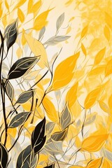 Abstract botanical background with tree branches and leaves in line art. Crimson and golden leaf, brush, line, splash of paint