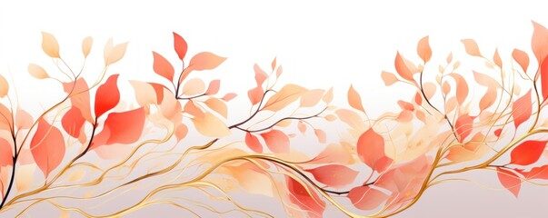 Fototapeta na wymiar Abstract botanical background with tree branches and leaves in line art. Crimson and golden leaf, brush, line, splash of paint 