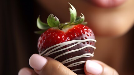 Obraz premium Girl's lips, close-up with chocolate-covered strawberries. Concept: passion and appetizer for a romantic evening