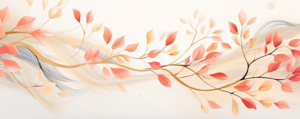 Fototapeta na wymiar Abstract botanical background with tree branches and leaves in line art. Crimson and golden leaf, brush, line, splash of paint 