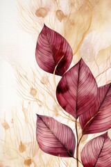 Abstract botanical background with tree branches and leaves in line art. Crimson and golden leaf, brush, line, splash of paint 