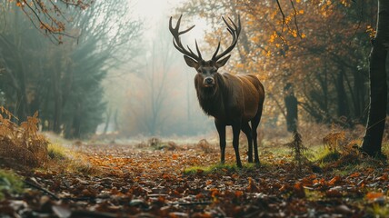 Majestic stag standing alert in a misty forest clearing, surrounded by autumn leaves