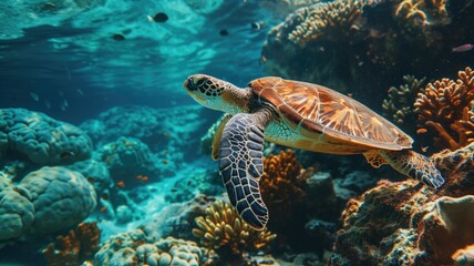 Obraz premium Sea turtle gliding over coral reef in clear blue water