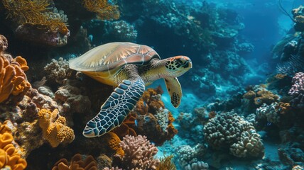 Obraz na płótnie Canvas Sea turtle amidst coral undersea in sunlit waters