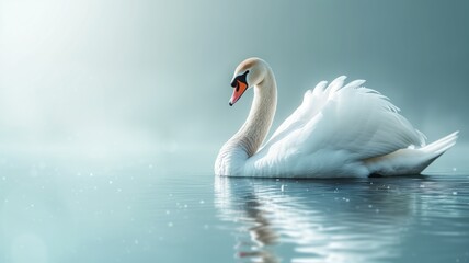 Fototapeta premium Serene swan floating on a shimmering light blue water surface