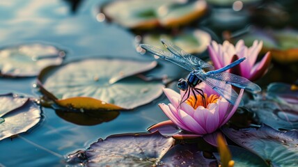 Dragonfly perched on a water lily against a reflective pond