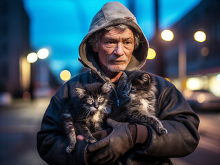 Obraz premium Portrait of a man warming stray kittens in his arms on a city street. Animal Protection Day.