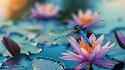 Blue dragonfly on a water lily, vibrant colors with bokeh lights on water