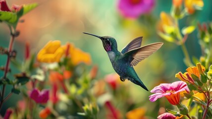 A hummingbird hovers mid-flight among vibrant flowers
