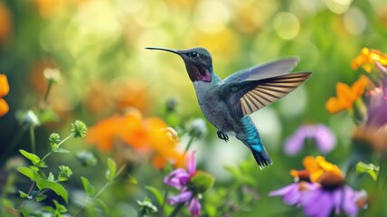 Hummingbird in flight with a backdrop of lush flowers