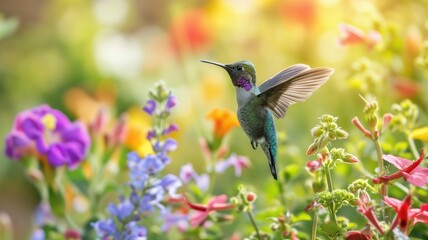 Hummingbird with wings spread wide among colorful blooms