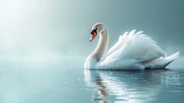 Serene swan floating on a shimmering light blue water surface