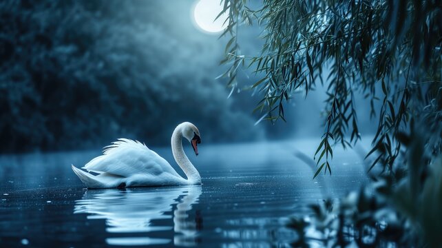 Swan on a misty pond under the moonlight with willow branches overhead