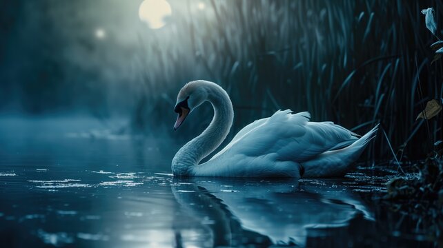 Graceful swan on a misty pond with moonlight casting a serene glow